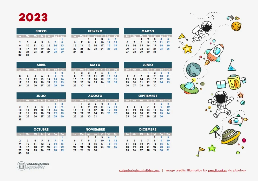 Calendario 2023 con boceto de astronautas