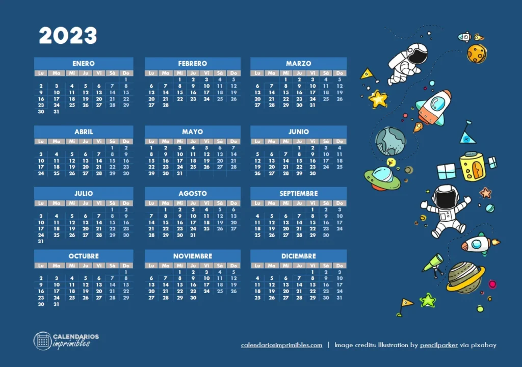 Calendario 2023 con boceto de astronautas en el espacio