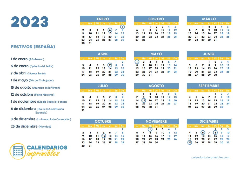 Calendario laboral 2023 Festivos en España - azul y amarillo