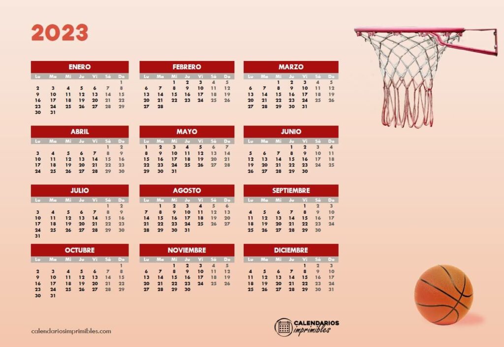 Calendario 2023 con ilustración de canasta y balón de baloncesto