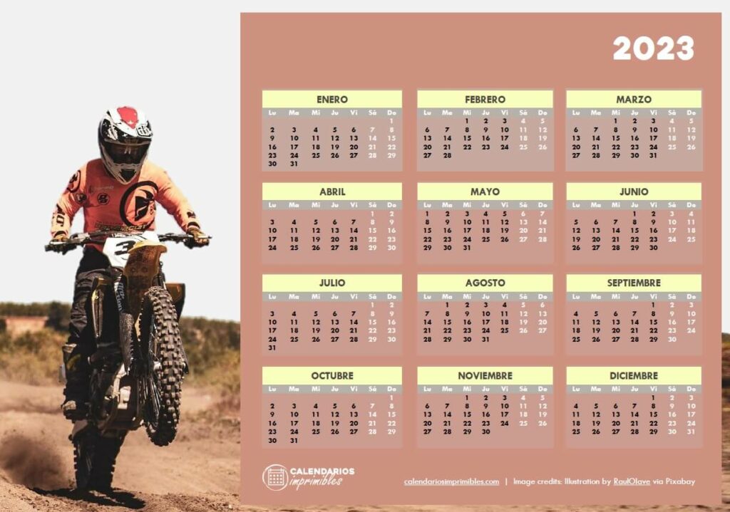 Calendario 2023 con fotografía de un piloto motocross