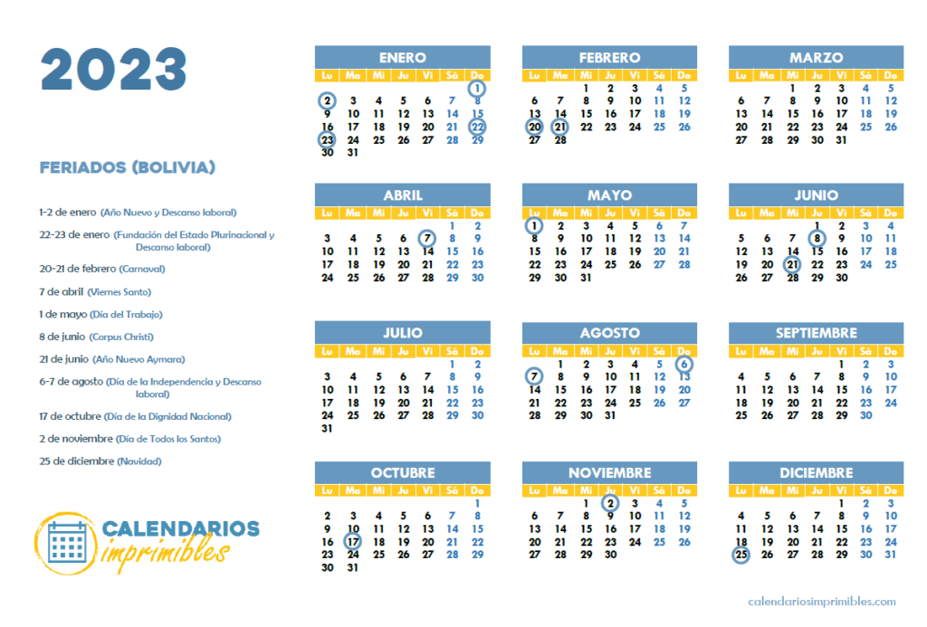 Calendario laboral 2023 Feriados en Bolivia