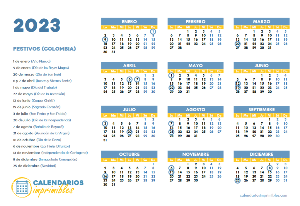 Calendario laboral 2023 Festivos en Colombia