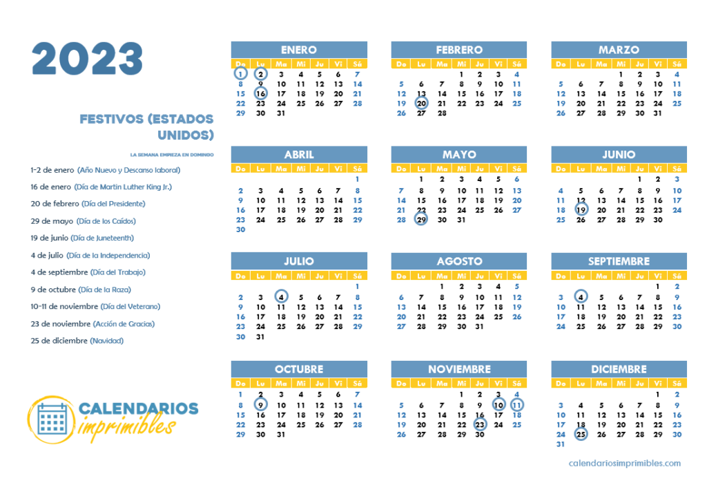 Calendario laboral 2023 Festivos en EEUU (la semana comienza en domingo)