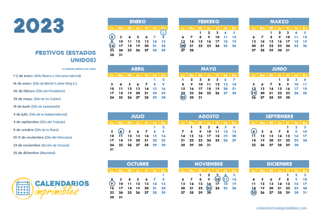 Calendario laboral 2023 Festivos en EEUU (la semana comienza en lunes)