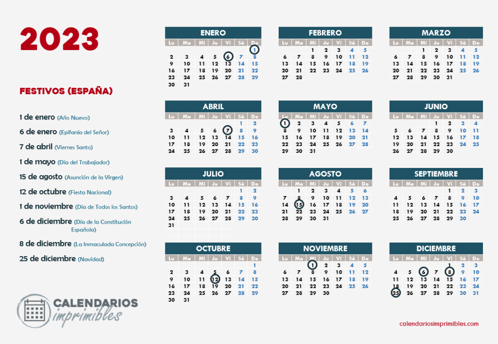 Calendario laboral 2023 Festivos de España en azul y amarillo