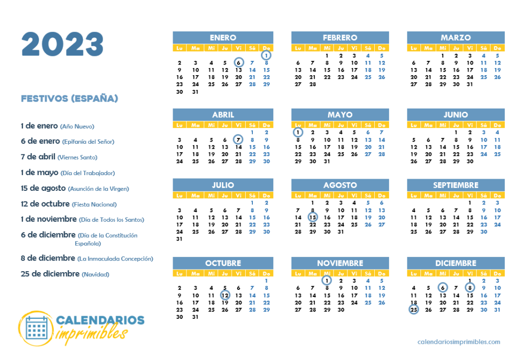 Calendario laboral 2023 Festivos de España en azul y amarillo