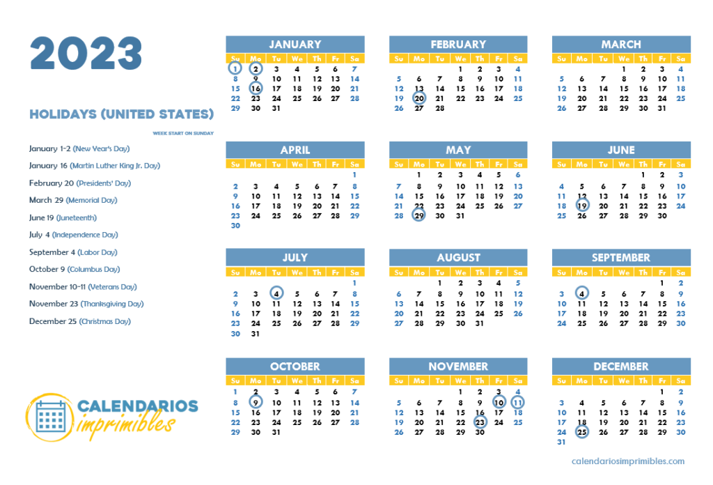 2023 United States Calendar with Holidays (week start on sunday)